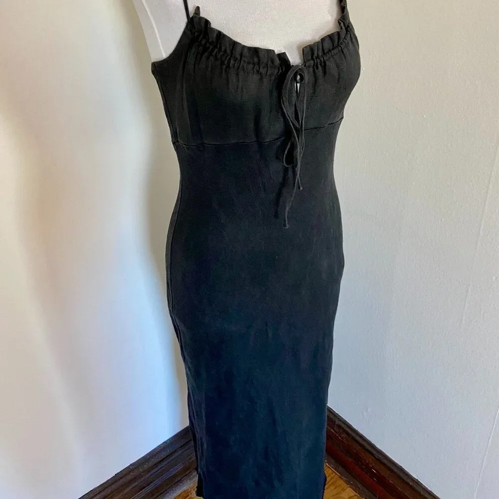 VTG 90s 2000 y2k Black Maxi Midi 100% Linen Milk Maid Dress Potrait Tie Sun Med - Picture 10 of 15